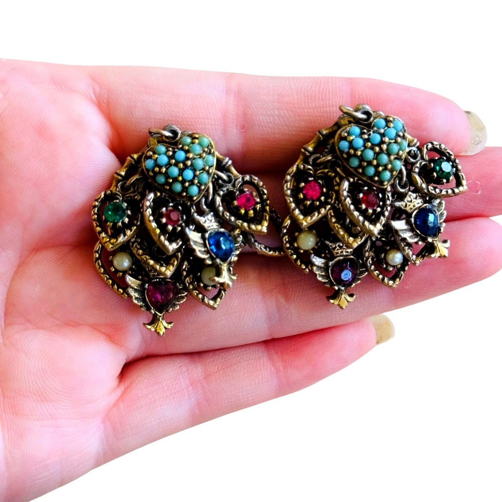 VTG ART Arthur Pepper Earrings Skeleton Key Heart Dangle Signed Rhinestone 50s